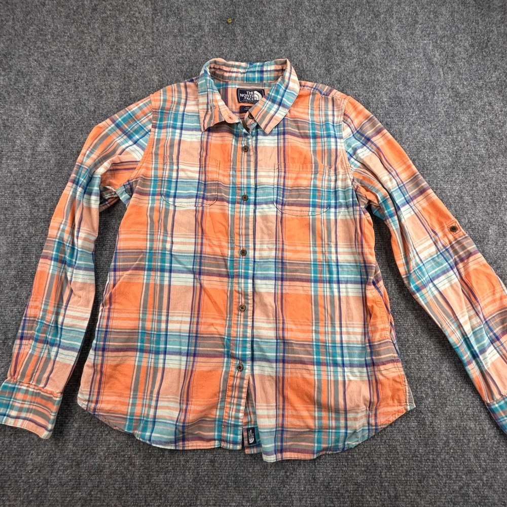 The North Face Boys Large Orange Blue Plaid Roll Tab Long Sleeve Cotton Shirt